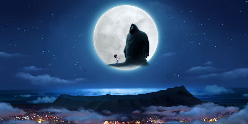 Jacob Tremblay as Orion talks to Paul Walter Hauser as Dark in the sky in Orion and the Dark.