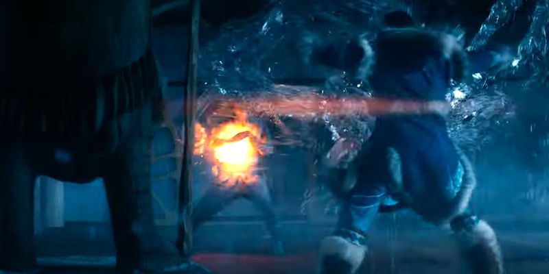 Katara Water Bending against a Fire Nation soldier in Netflix's Avatar: The Last Airbender