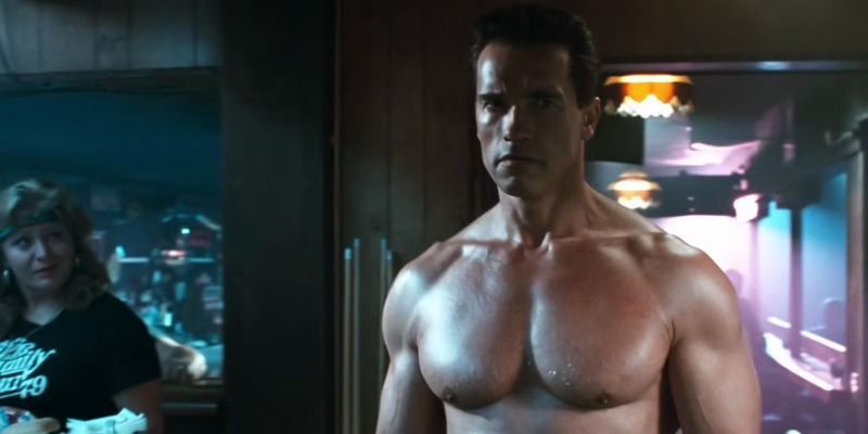 A shirtless Arnold Schwarzenegger as The Terminator in Terminator 2 Judgement Day