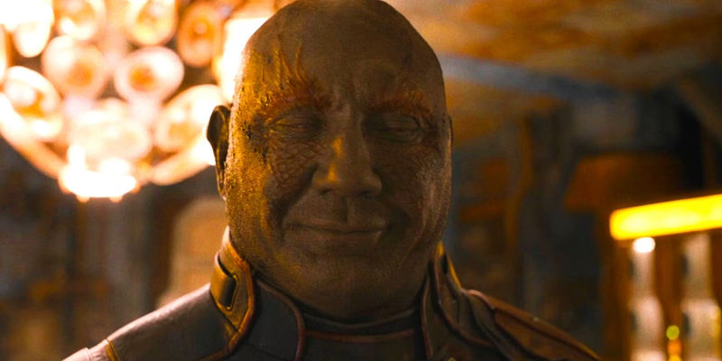Dave Bautista as Drax smirks in Guardians of the Galaxy Vol 3