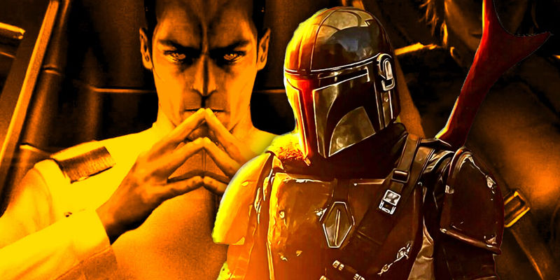 Din Djarin from The Mandalorian season 1 in the foreground, Grand Admiral Thrawn in the background