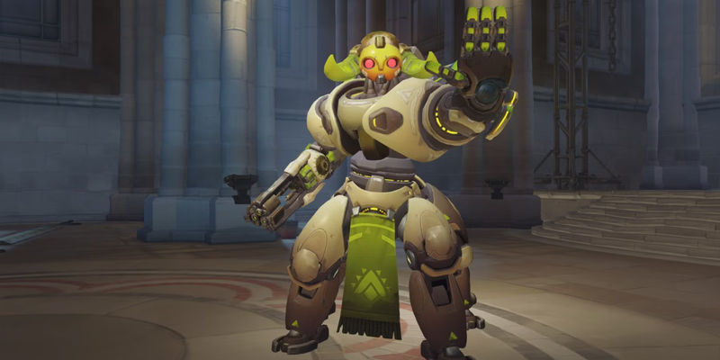 orisa from overwatch with red eyes holding her hand up to stop someone