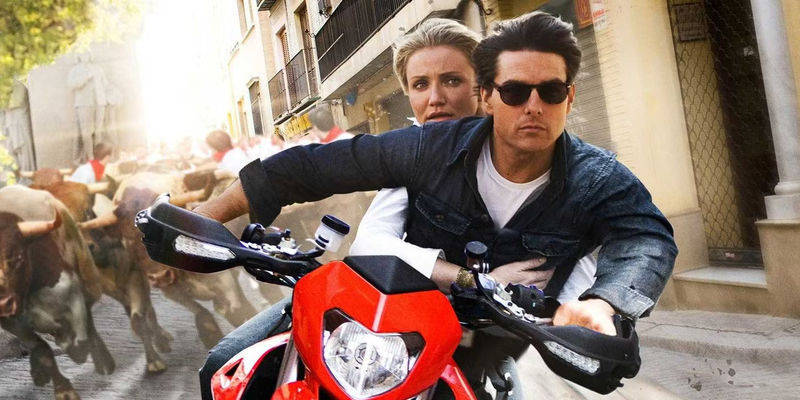Tom Cruise and Cameron Diaz on a motorcycle in Knight and Day