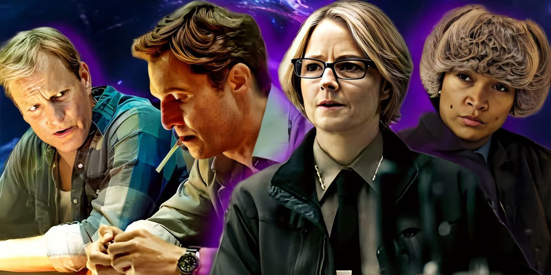 Woody Harrelson as Marty and Matthew McConaughey as Rust in True Detective season 1; Jodi Foster as Danvers and Kali Reis as Navarro in True Detective: Night Country