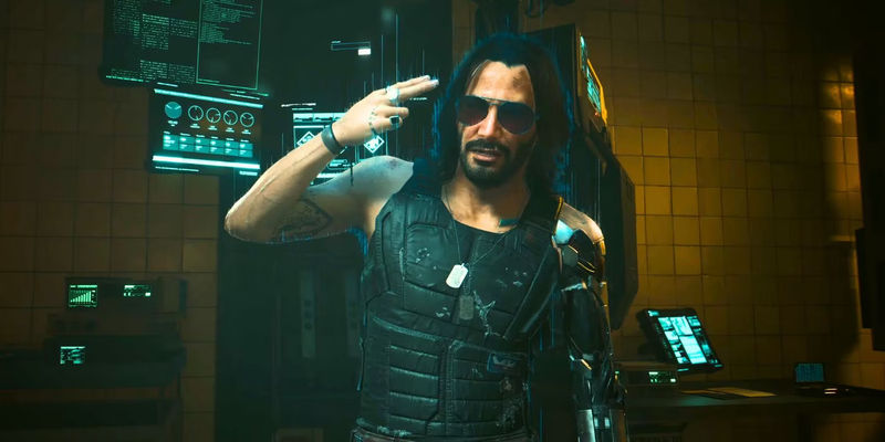Keanu Reeves as Johnny Silverhand points a finger gun to his head in Cyberpunk 2077: Phantom Liberty.