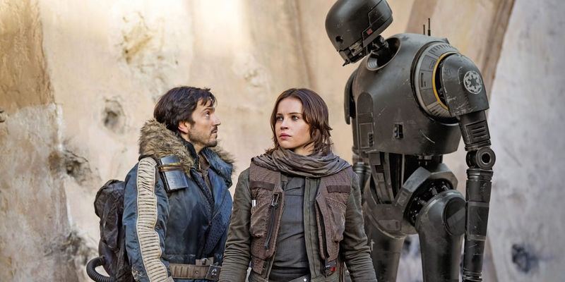 Cassian Andor (Diego Luna), Jyn Erso (Felicity Jones), and K-2SO in Rogue One: A Star Wars Story.