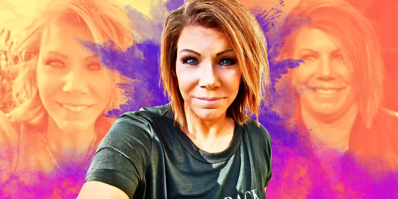 Meri Brown from Sister Wives wearing a cool t-shirt to show off short haircut. In the background are faded photos of Meri with an orange purple faded effect