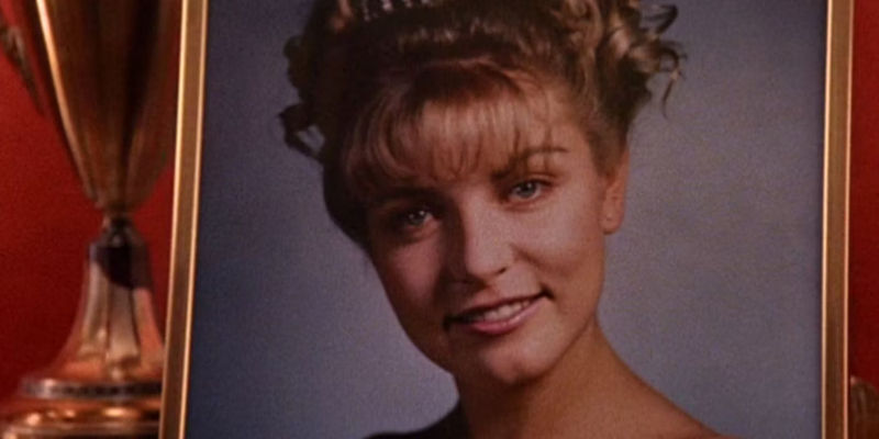 A framed photograph of Laura Palmer (Sheryl Lee) from Twin Peaks.