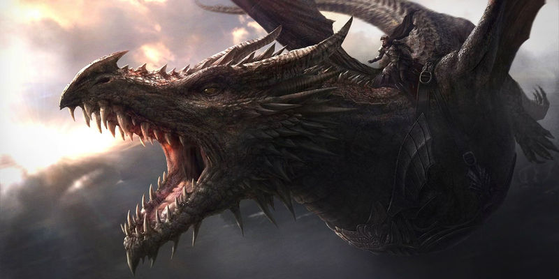 A dragon roars in the sky with someone on its back.