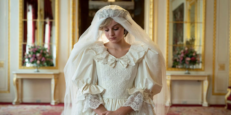 Emma Corrin in her wedding dress as Diana in The Crown