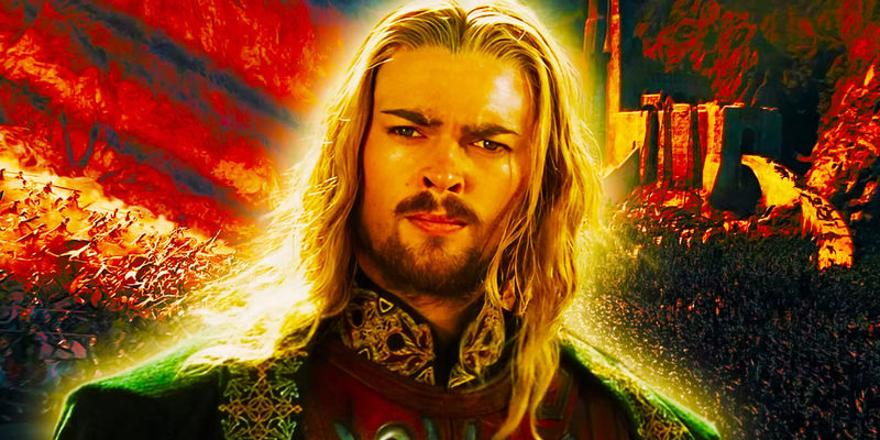 Karl Urban as Eomer in Lord of the Rings against Helm's Deep background