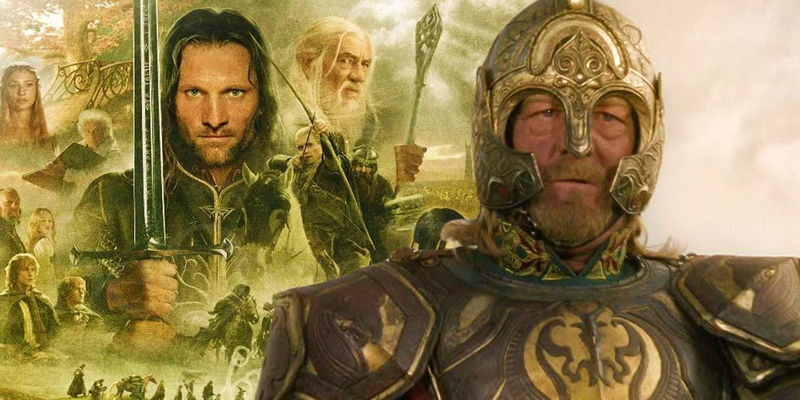 King Theoden wearing his Rohirrim armor next to the poster for The Lord of the Rings trilogy