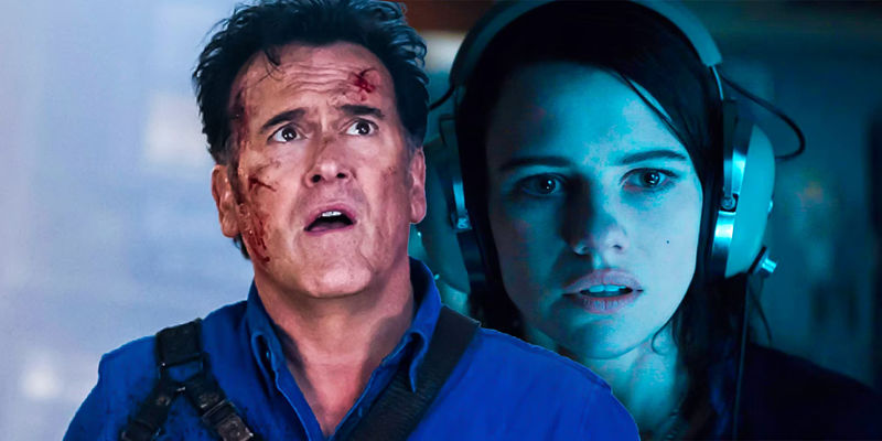 Bruce Campbell as Ash in Ash vs. Evil Dead and Lily Sullivan as Beth in Evil Dead Rise.
