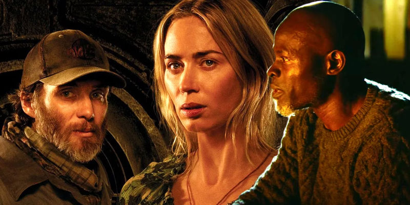 The poster for A Quiet Place Part 2 next to Djimon Hounsou's character in the second film