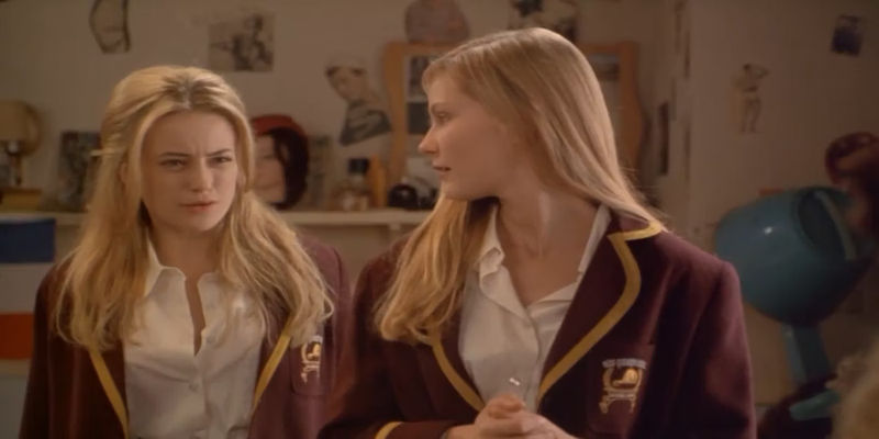 Monica Keena's Tinka and Kirsten Dunst's Verena wear school uniforms in a dorm room in All I Wanna Do