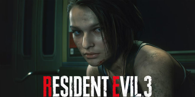 Resident Evil 3 remake Jill Valentine sitting in train close-up with game logo