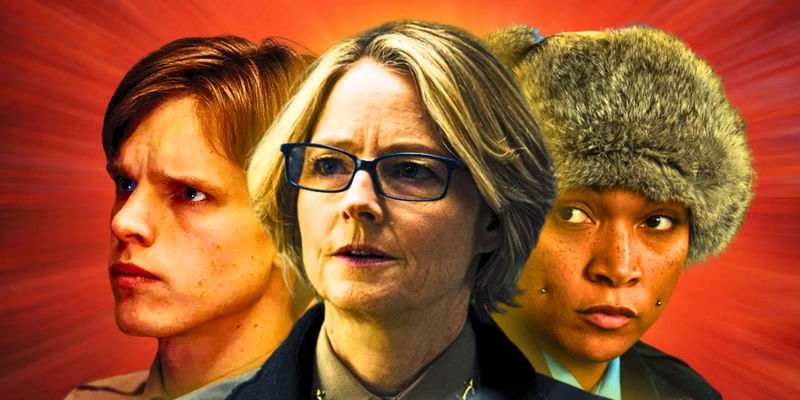 Finn Bennett as Peter, Jodie Foster as Liz Danvers, and Kali Reis as Navarro in True Detective Night Country