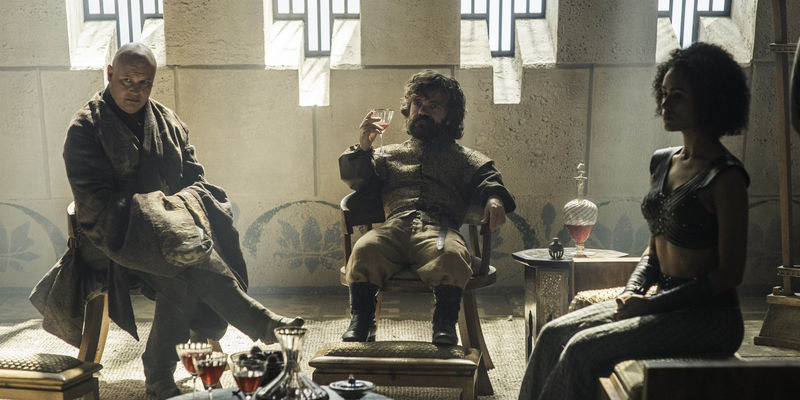 Varys, Tyrion Lannister, and Missandei meeting for counsel in Meereen