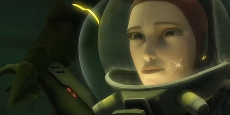 A picture of Padme Amidala after Anakin and Kit Fisto create an air bubble for her to breathe underwater