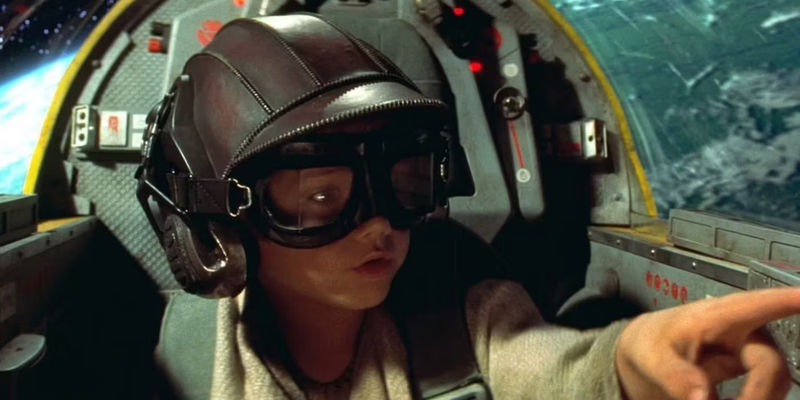 Young Anakin Skywalker pilots a Naboo Starfighter and destroys the Trade Federatin control ship in The Phantom Menace