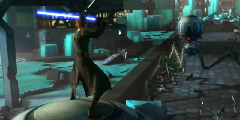 Anakin standing atop a spider droid and using his lightsaber to deflect blaster bolts from another spider droid