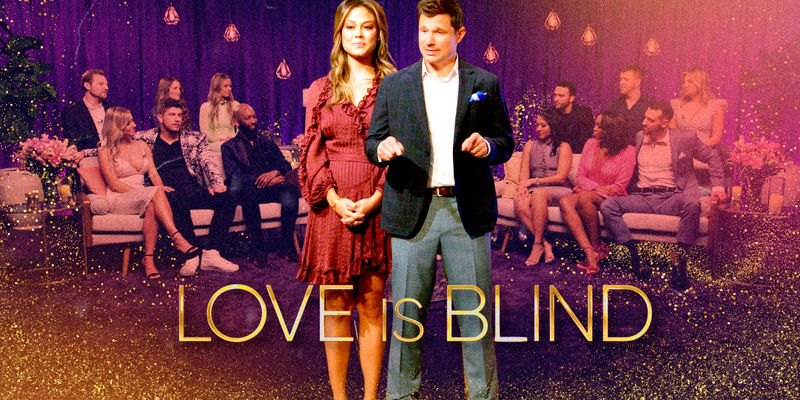 Love Is Blind hosts Vanessa and Nick Lachey, with contestants sitting on couches behind them