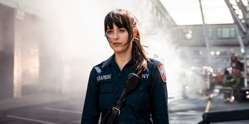 Cassie stands amid wreckage in Madame Web