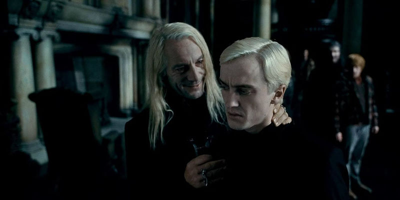 Draco and Lucius Malfoy in the Malfoy Manor in Harry Potter and the Deathly Hallows: Part 1