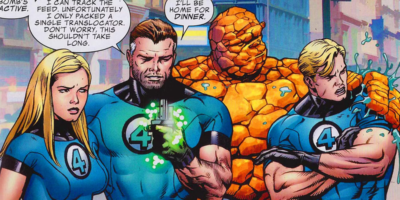 Fantastic Four in blue costumes in Marvel Comics