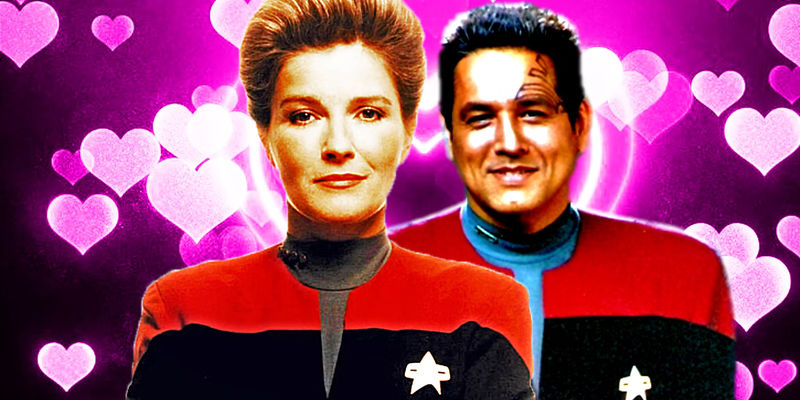 Janeway and Chakotay from Star Trek: Voyager against a pink background of hearts.