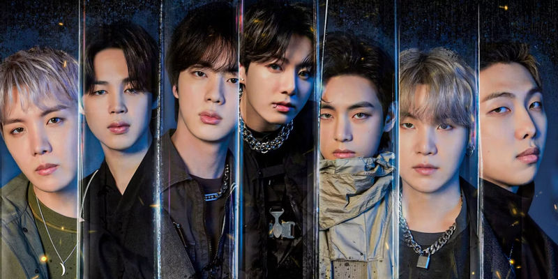 The band members of BTS in a split image