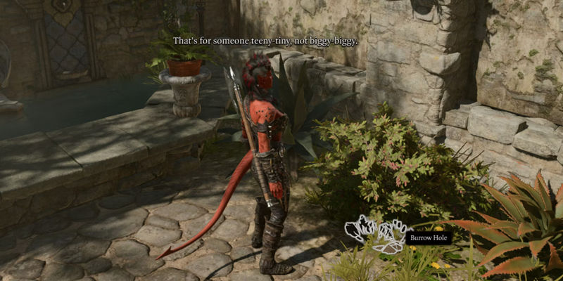 Baldur's Gate 3, Karlach The Red Tiefling Looks At A Burrow Hole Saying The Line