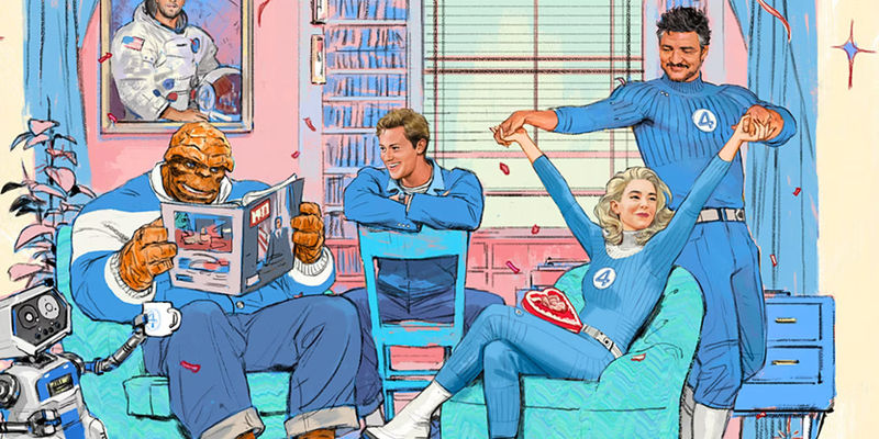 MCU image of Marvel's Fantastic Four, with Pedo Pascal, Joseph Quinn, and Vanessa Kirby imposing onto the art