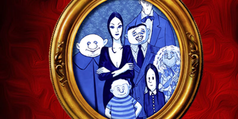 The promo poster for The Addams Family musical shows a drawing of the family in a picture frame.