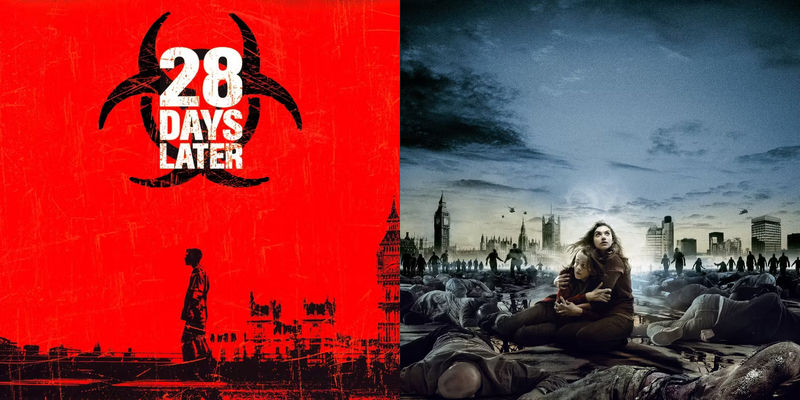 side by side split of 28 days later and 28 weeks later promotional posters