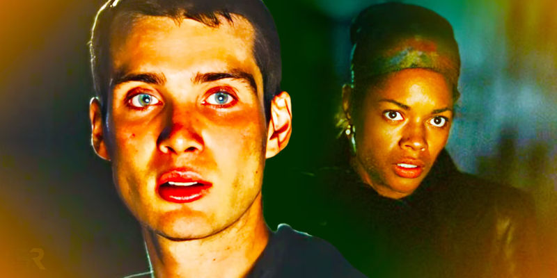 Jim (Cillian Murphy) and Selena (Naomie Harris) in 28 Days Later looking concerned