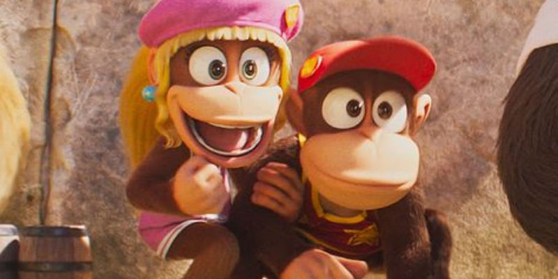 Diddy Kong and Dixie Kong looking excited in The Super Mario bros. Movie.