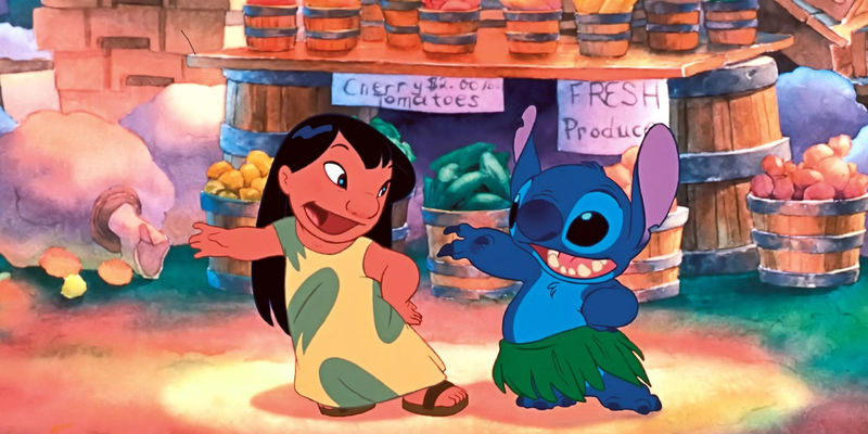 Lilo and Stitch are hula dancing.