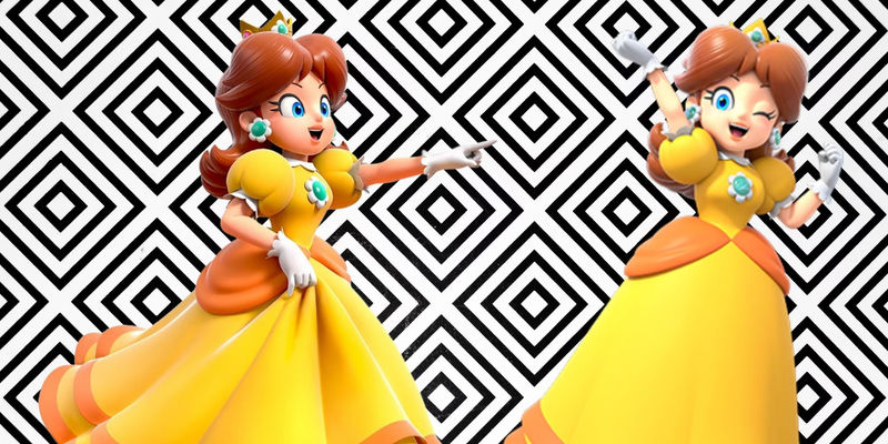 Princess Daisy from Super mario party on a geometric background