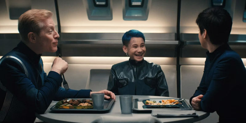 Stamets, Gray, and Adira eating in Discovery mess hall