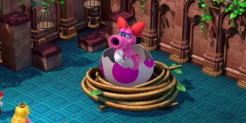 Birdo hatches from her egg in a screenshot from Super Mario RPG.