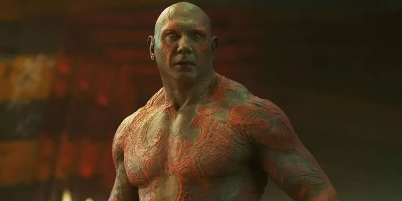 Dave Bautista as Drax in Guardians of the Galaxy stood looking surprised