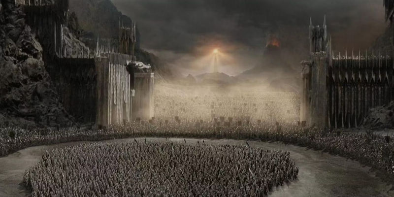 A bird's eye perspective of the final battle at the Black Gate in Mordor in The Lord of the Rings: Return of the King.