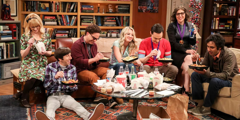 Penny, Leonard, Sheldon, Amy, Raj, Howard, Bernadette in the Apartment in The Big Bang Theory Finale