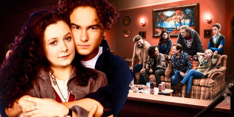 Darlene and David in Roseanne beside an image of the cast of The Conners