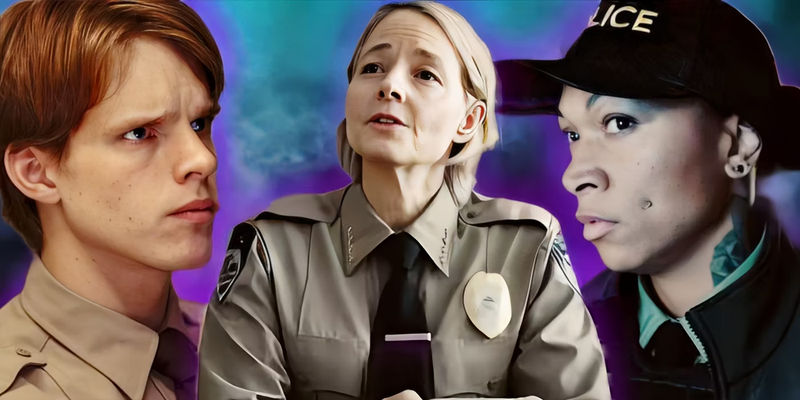 Finn Bennett as Officer Peter Prior, Jodie Foster as Liz Danvers, and Kali Reis as Navarro in True Detective Night Country