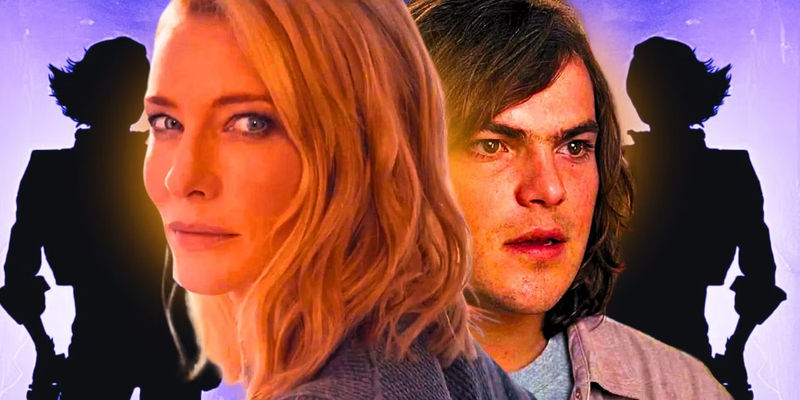 Cate Blanchett and Jack Black in front of silhouettes of Lilith from Borderlands