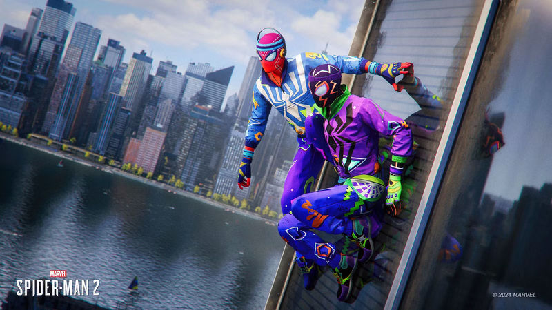 A screenshot of Peter and Miles in their Fly and Fresh suits in Marvel's Spider-Man 2.