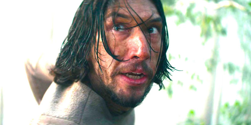 Adam Driver is wet and disheveled as he looks at something with wide eyes in the movie 65 - Broadway Debut Mrs. Warren’s Profession