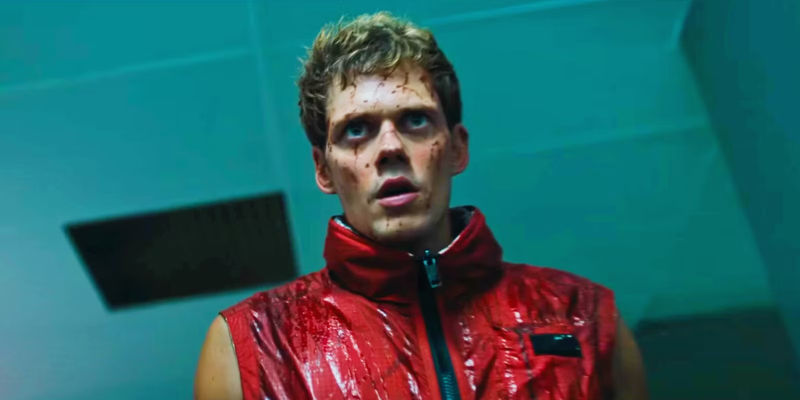 Bill Skarsgård looking intense and bloody in Boy Kills World
